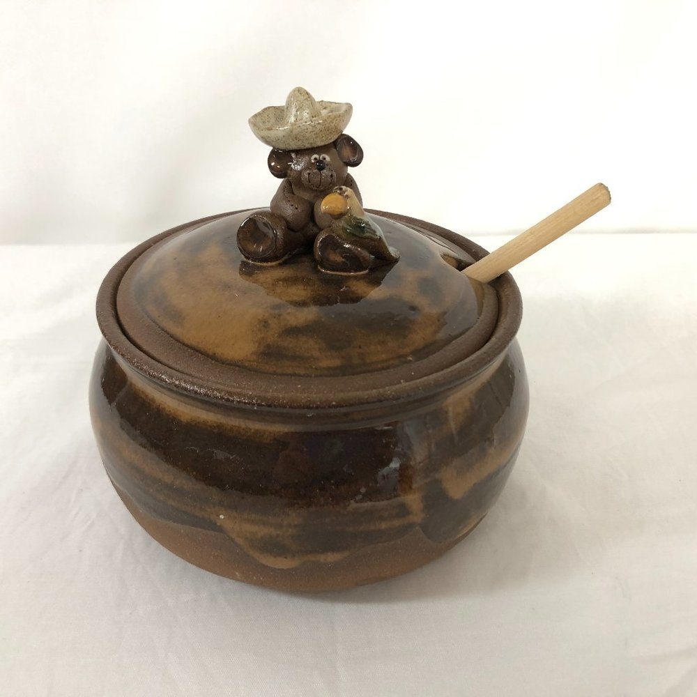 Studio Art Pottery Sugar Bowl Brown Glaze Bear Signed Candy Honey Pot with Lid